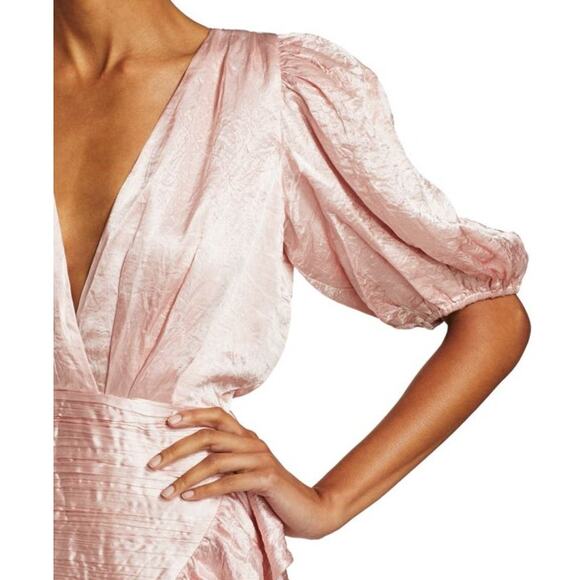 RONNY KOBO NWOT Blush Pink Satin Mindy Puff-Sleeve Faux Wrap Flounce Mini Dress - Picture 6 of 12
